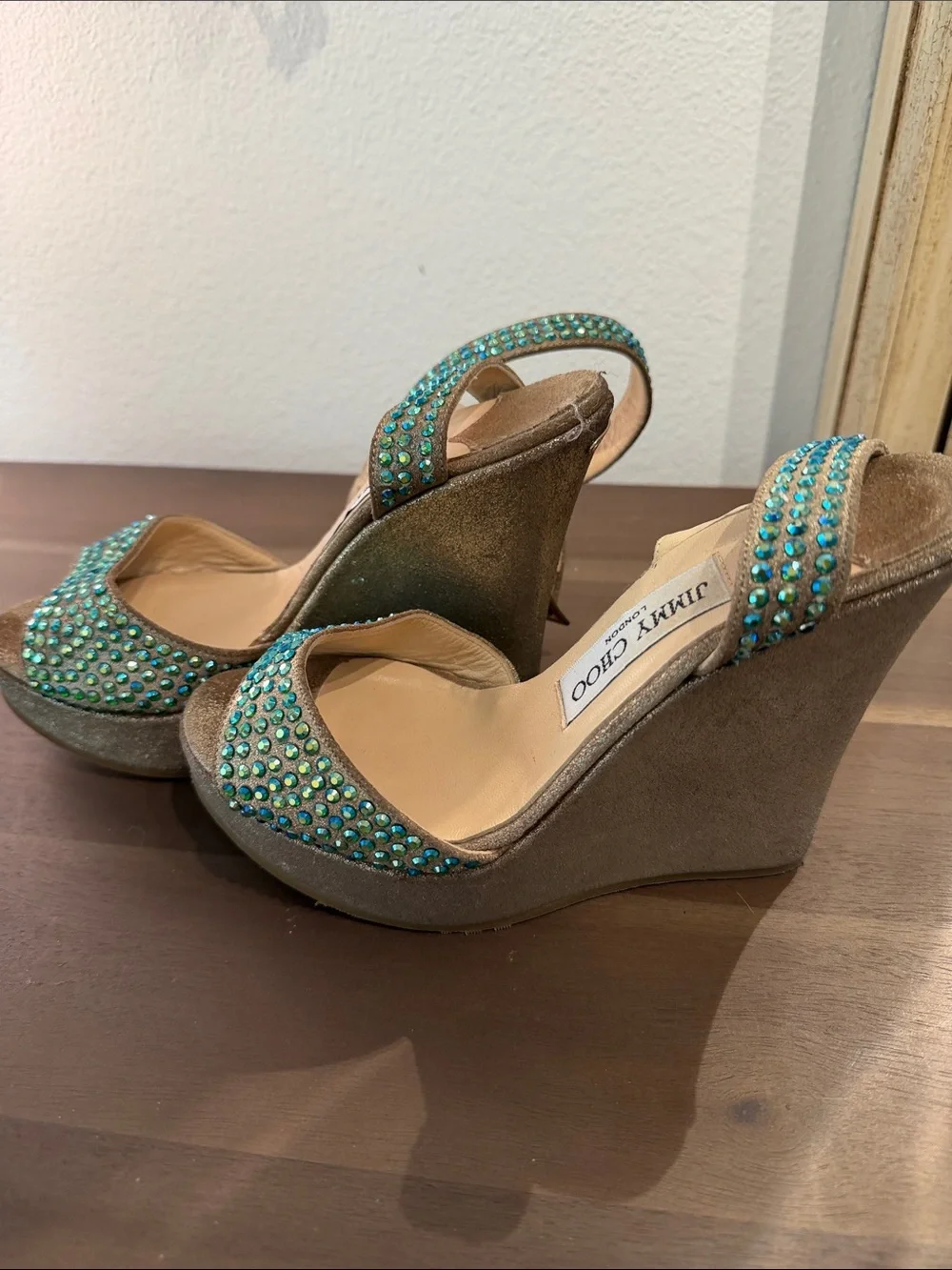 Jimmy Choo Gold Heeled Sandals with Aqua Crystal Accents VINTAGE